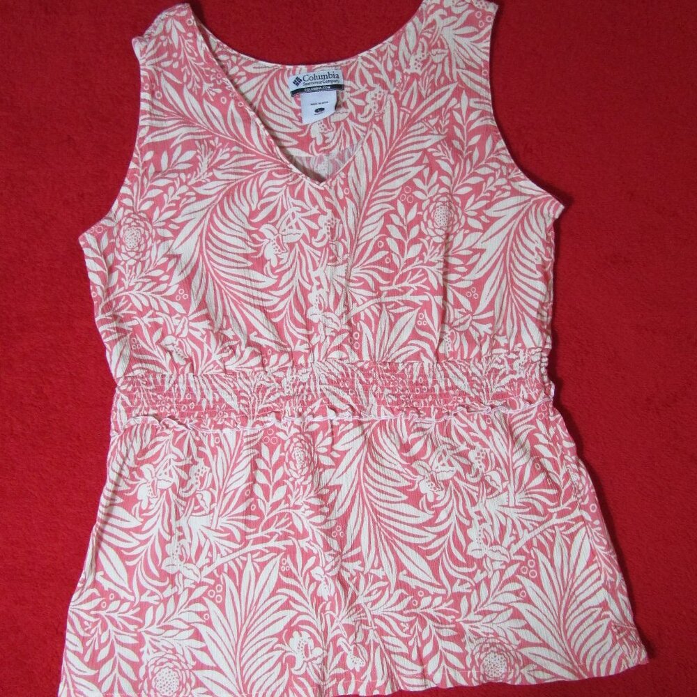 Columbia Sleeveless Cotton Top Pink & Cream Floral V-Neck Smocking